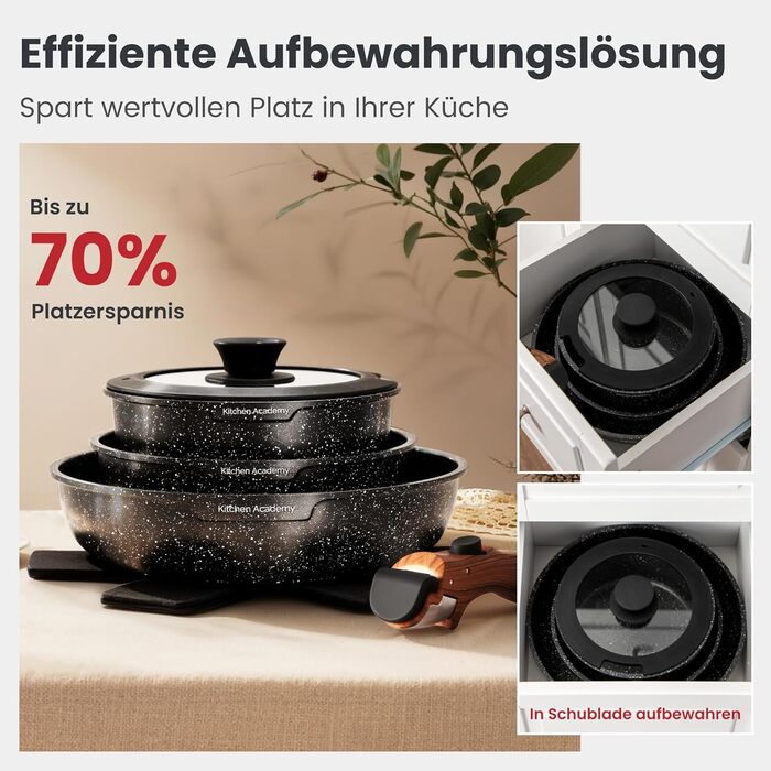 Набір посуду Dishdelight з антипригарним гранітним покриттям та знімними ручками, індукційний, з кришками (чорний)
