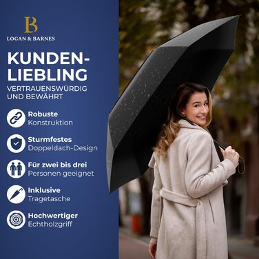 Logan & Barnes Stormproof Umbrella - 120cm Diameter with Real Wood Handle - XXL Double Person Umbrella - Large Rain Umbrella - Chicago Model (Black)
