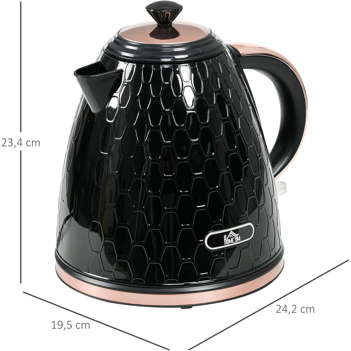 Електричний чайник HOMCOM 1.7 л, нержавіюча сталь, 360° обертання, фільтр від накипу, захист від сухого кипіння, автоматичне відключення, BPA Free, 2200W, чорний