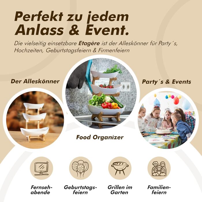 Керамічна фруктова тарілка на 3 яруси з бамбуковою підставкою | Obst Etagere | Сучасна тарілка для фруктів, закусок, випічки для кухні та вітальні