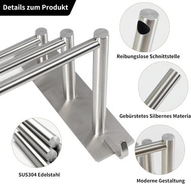 Тримач для рушників Vista з 3-ма перекладинами, 75 см, SUS304 нержавіюча сталь, без свердління, з двома гачками, сріблястий, для ванної, кухні, спальні