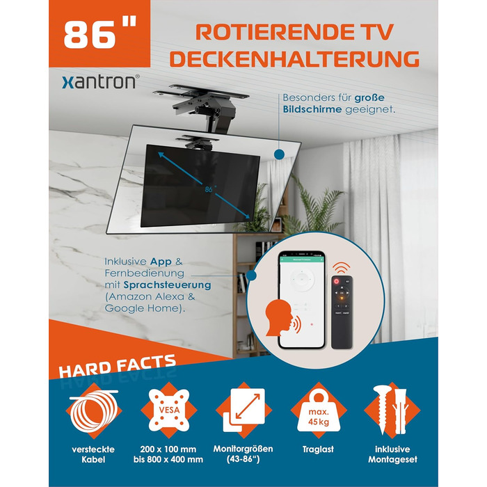 Xantron DEHA-600E Electric Tilt, Swivel & Fold-Down TV Ceiling Mount - 32-75 Inch - Voice Control Remote Included