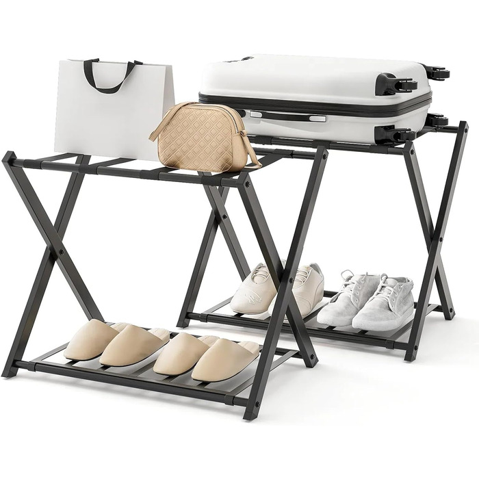 GIANTEX Folding Luggage Rack, 2-Tier, 68 x 43 x 58 cm, Luggage Stand, Metal Luggage Rack, Space-Saving, Luggage Rack for Bedroom, Guest Room, Hotel, Black (2 Pieces, Black)