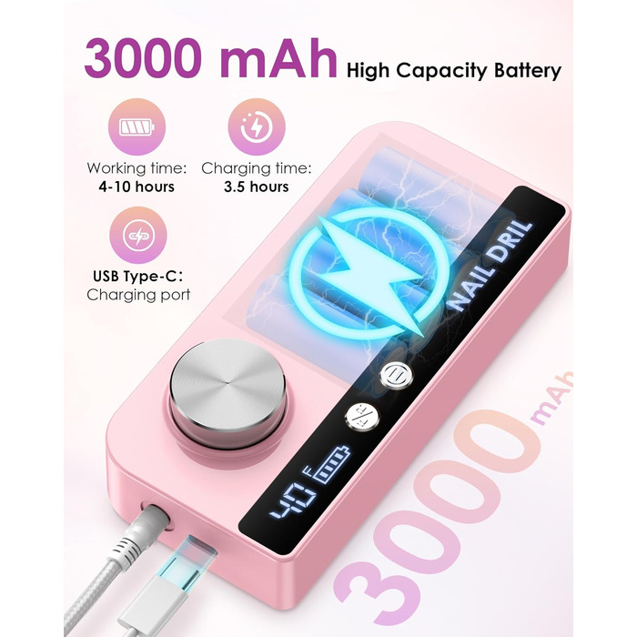 Електричний апарат для манікюру та педикюру з LCD-дисплеєм, 40000 об/хв, 15 насадок, рожевий. Для професійного та домашнього використання