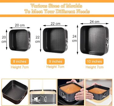 Набір форм для випікання тортів та кексів, квадратні, чорні, металеві, знімний дно, антипригарне покриття