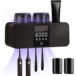 Toothbrush Cleaner and Wall-Mounted Toothbrush Holder, Cleaning and Air-Drying, LED Smart Screen and Timer Function, Rechargeable, Wireless, Toothbrush Holder for Bathroom (Black)