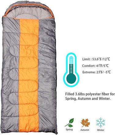 Спальний мішок для кемпінгу, 3 сезони, з капюшоном, для дорослих, зимовий, для подорожей, рюкзаків, походів, з компресійним мішком, оранжевий/сірий, L