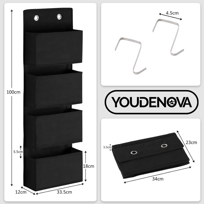 Органайзер для дверей Youdenova з 4 кишенями та 2 гачками, настінна полиця-органайзер для ванної, спальні, дитячої кімнати, чорний