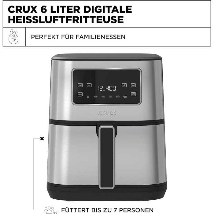 Фритюрниця Crux 3.5 л ручна, фритюрниця без олії, нержавіюча сталь, легке миття
