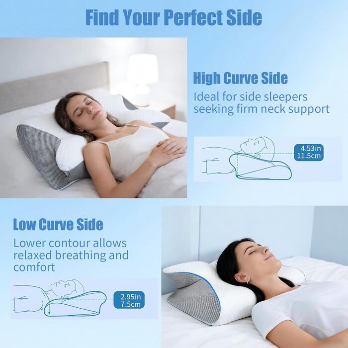 Ортопедична подушка для шиї SaiXuan з Memory Foam. Ергономічна 3D подушка для спини та тих, хто спить на боці. Регульована висота 60×35×7.5/11.5 см. Дихаючий, пральний чохол.