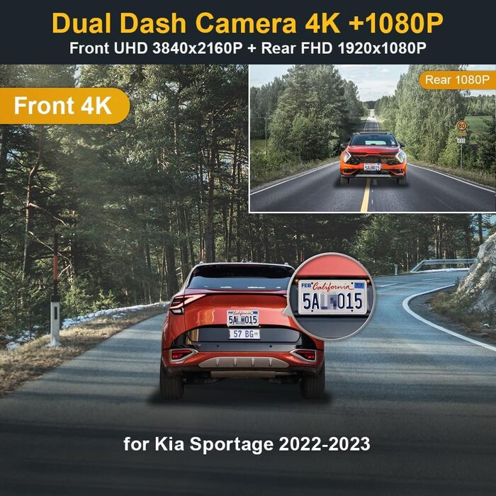Автореєстратор Fitcamx 4K UHD для Kia Sportage 2022-2025 (5-те покоління), відеореєстратор з WiFi, нічним баченням, G-сенсором та карткою пам'яті 64GB, OEM Plug & Play