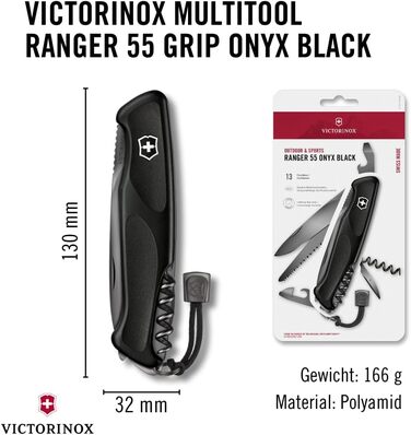Швейцарський ніж Victorinox Ranger Grip 55 Onyx Black – мультитул з 12 функцій, чорний, 130 мм