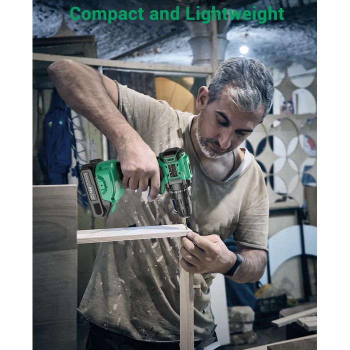 Акумуляторний шуруповерт безщітковий 21V BETENST з акумулятором 2.0Ah, 45Nm, 20 моментів, патрон 10mm, 2 швидкості, 20-ти елементний набір для дому, саду та DIY проектів (зелений)