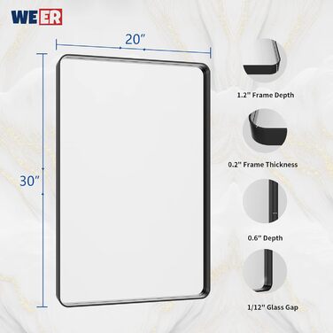 WEER Дзеркало для ванної кімнати чорного кольору з металевим каркасом, 61 x 81 см, прямокутне, з закругленими кутами, з загартованого скла, антикорозійне (Матове чорне, 76.2L x 50.8B cm)