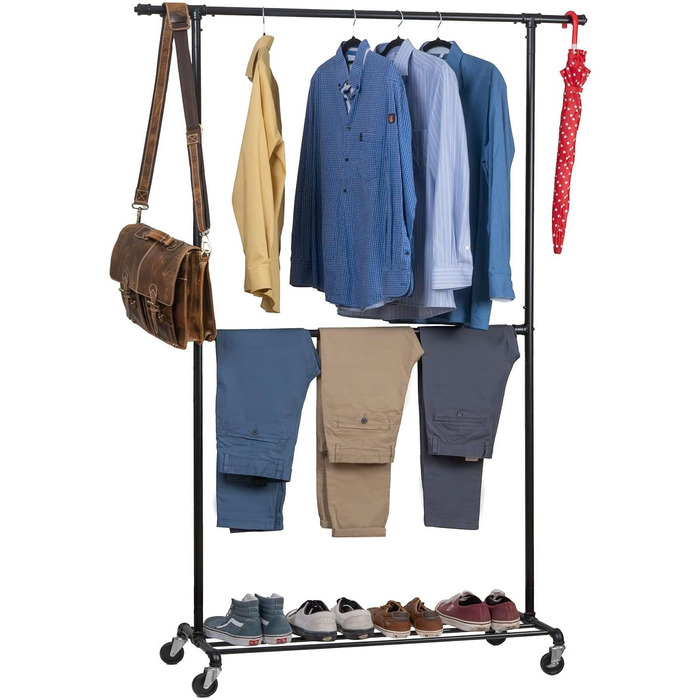 Tatkraft Drago - Stable Clothes Rack, with 2 Clothes Rods, up to 110 kg, Coat Rack, Adjustable, Rolling Clothes Rack, Metal, Black