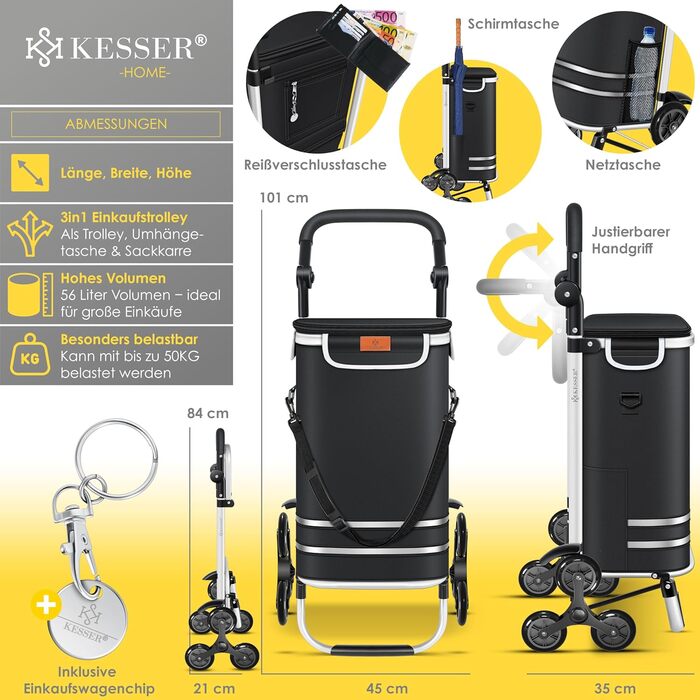 KESSER® Тележка для покупок зі сходами, з термосумкою, 56л, до 50кг | 3в1: тележка, візок, сумка через плече | Чорний