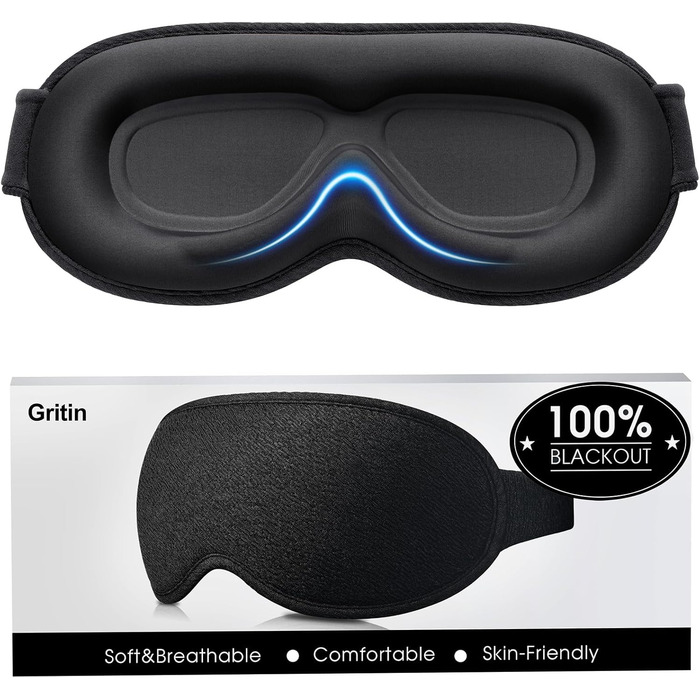 Маска для сну Gritin 3D для тих, хто спить на боці, дихаюча, з регульованою гумкою, блокує світло, зручна та ергономічна, для чоловіків та жінок, 2 пари вушних затичок, чорний