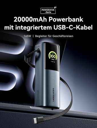 Power Bank VENTION 20000mAh 165W з дисплеєм та Emoji, інтегрований кабель USB-C, 2×100W USB-C + USB-A. Сумісний з MacBook Pro, iPad, Dell/HP, iPhone, Galaxy