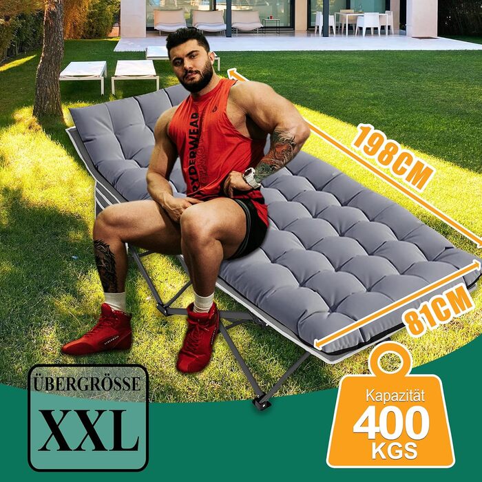 Розкладне ліжко для кемпінгу DRMOIS: велике (XXL), 81 см, вантажопідйомність 400 кг, з ізольованим килимком, сіре