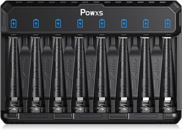 Зарядний пристрій POWXS для акумуляторів AA AAA (NIMH/NICD/Li-ion/Lithium) з LED-дисплеєм та USB-C, 8 слотів, швидка зарядка
