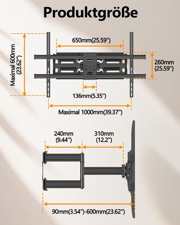 Настінне кріплення для телевізора Heavy Duty XXXL 60-120 дюймів, поворотне, з регулюванням нахилу, висувне, до 125 кг, VESA 200x100 - 1000x600 мм
