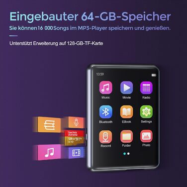 MP3 плеєр 64GB Bluetooth 5.3 HiFi з металевим корпусом, радіо FM, диктофон, сенсорний екран 2.4