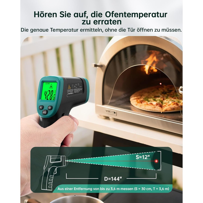 Інфрачервоний термометр ERICKHILL -50℃~800℃: безконтактний лазерний термометр з LCD-дисплеєм, регульований коефіцієнт випромінювання. Підходить для приготування їжі, грилю, заморожування, промисловості