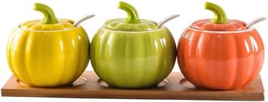 YBK Tech Cute Pumpkin Candy Jar Ceramic Sugar Bowl for Coffee Tasting (3 Pieces + Wooden Holder)