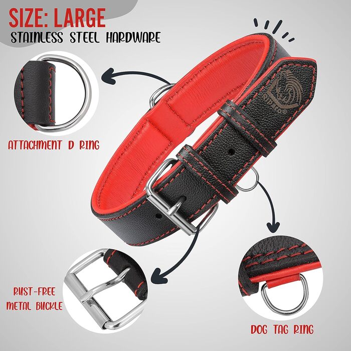 Нашийник для собак Riparo з натуральної шкіри, регульований, посилений (L, 3,8 см, чорно-червоний), чорно-червоний