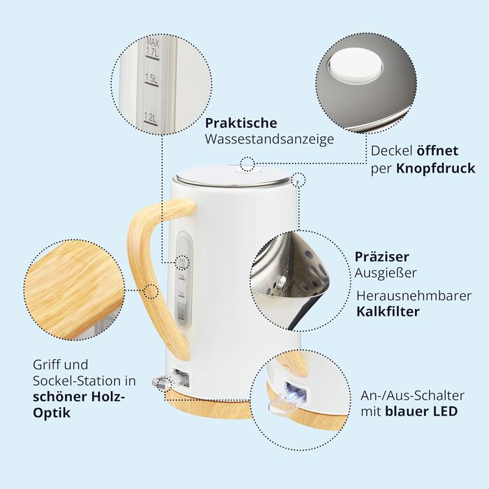 Набір чайник та тостер KHG | 2200W та 800W | 1.7л чайник, 2 тости | З фільтром від накипу та підсвічуванням крихт | Кухонний набір білий з імітацією дерева