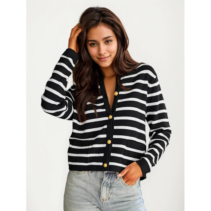 Жіноча коротка в'язана куртка з двома кишенями на ґудзиках, смугастий пуловер, стильна осіння кардиган, круглий виріз, модна в'язана кофта XL чорного кольору