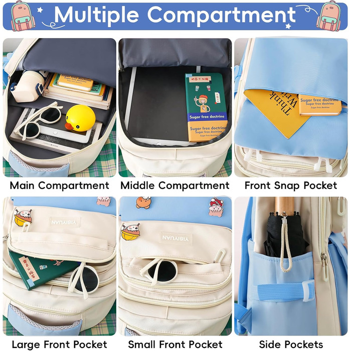 Шкільний рюкзак Tanou для дівчаток 4-х частинний, для 3-7 класів, з пеналом та сумкою через плече, блакитний