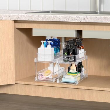 Cinnani 2 Pack 2-Tier Under Sink Shelf, Kitchen Cabinet, Refrigerator, Under Cabinet Organizer, Multifunctional Acrylic with Sliding Drawer Kitchen Shelf for Food Storage Containers, Spice Rack, Cosmetics