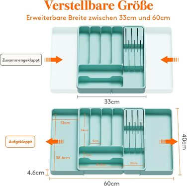 Органайзер для столових приборів Lifewit в шухляду, розширюваний, з відділенням для ножів (40 см, бірюзовий)