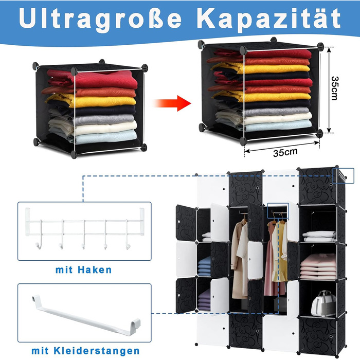 XMTECH DIY Closet System Wardrobe with Door, Shelf Closet, Coat Rack, Shoe Rack made of Plastic (10 Box Closet) (20 Hook Closet)