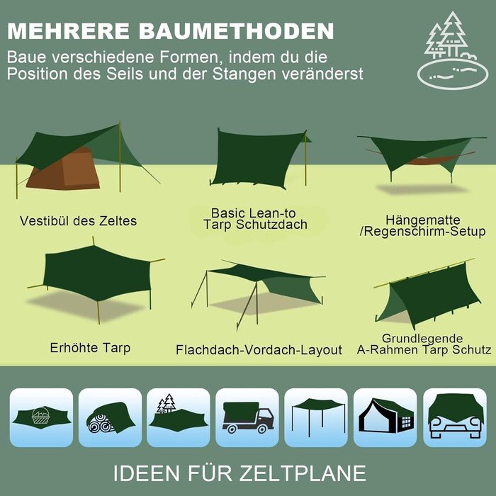 Водонепроникна тента Tarp 3.7 x 4.3 м з підтримкою, ультралегка, з отворами, штирями, нейлоновою мотузкою, захист від УФ та дощу, для наметів, гамаків, подвір'я, сонцезахисту на пляжі (зелена)