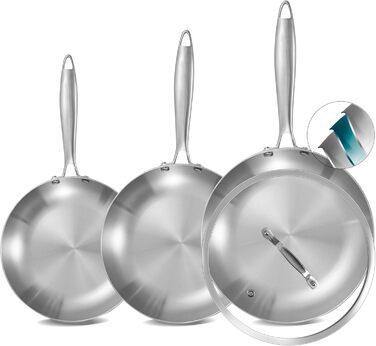 Набір сковорідок Inqibee з нержавіючої сталі (20, 24, 28 см) з кришкою - для всіх типів плит, включаючи індукцію, сумісний з духовкою, можна мити в посудомийній машині
