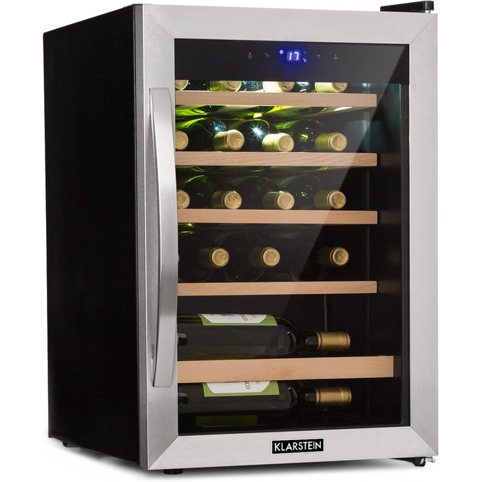 Klarstein Wine & Beverage Refrigerator - 1 Zone, 19 Bottles, UV Protection, 4-18°C, Freestanding, Silver & Black