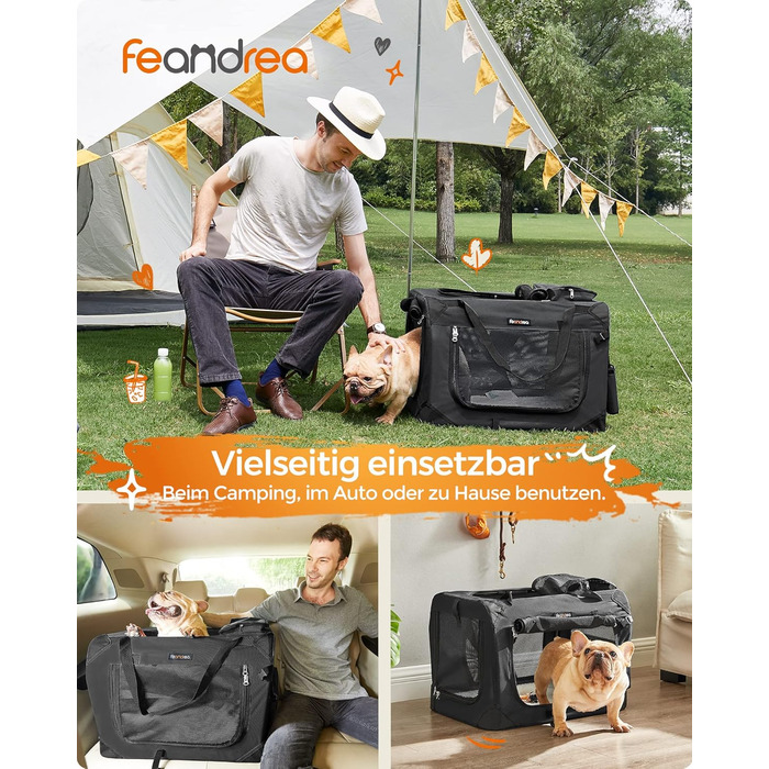 Клітка для собак Feandrea, переноска для собак, чорна, 60 x 42 x 42 см, з ручками та кишенями