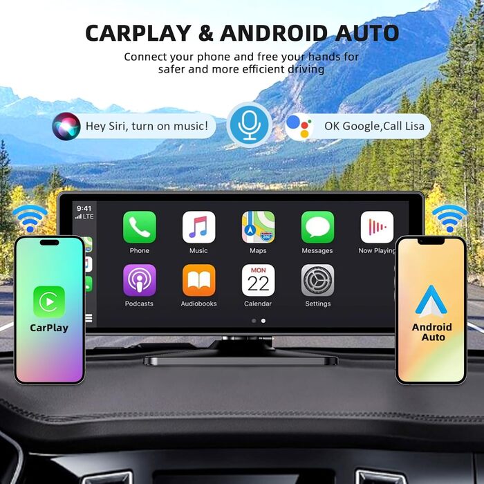 10.26-дюймовий бездротовий дисплей CarPlay/Android Auto для авто з 4K відеореєстратором, 1080P камерою заднього виду, GPS, Bluetooth, FM, 64 ГБ, підтримка Siri/Google Assistant, Mirror Link