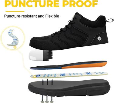 Черевики безпеки чоловічі FitVille широкі з металевим носком, дихаючі, антиковзкі, захисні, 43 EU, чорні