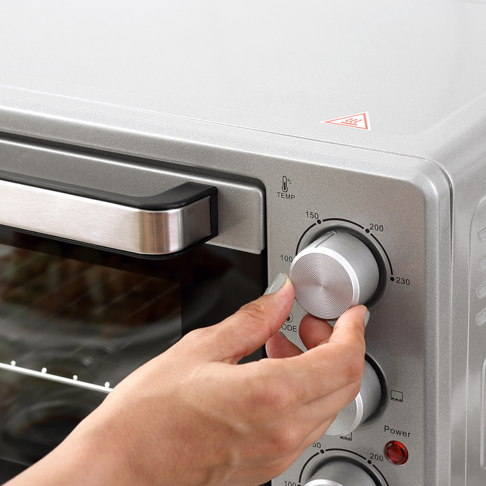 HOMCOM Mini Oven 32L, 1600W, Electric Oven with Grease/Drip Tray, Stainless Steel & Glass, Silver, 52.2x38.1x33.5cm | Aosom