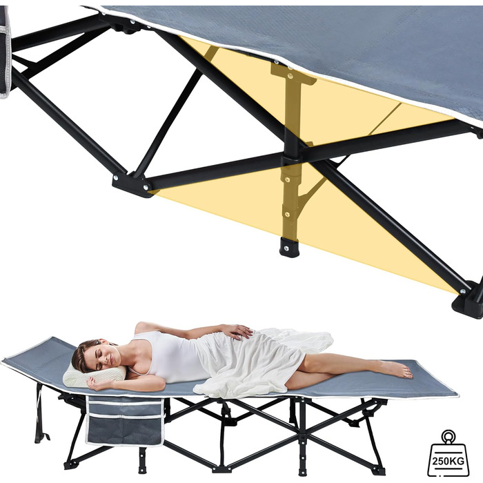 Розкладне ліжко-крісло для кемпінгу з сумкою для зберігання, до 250 кг, 190x62x38 см, для дорослих, відпочинку на природі, в саду, в подорожах