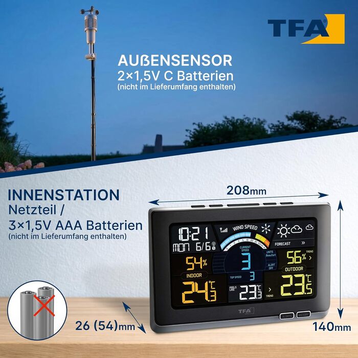 Метеостанція TFA Dostmann Spring Breeze з анемометром, чорна: прогноз погоди, годинник, історія, точка роси