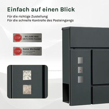 Поштова скринька WOLTU XXL з газетницею, оглядовим вікном, замком та 2 ключами, антрацит+жовтий (10,5x37x37 см)