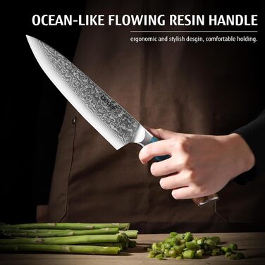 Японський ніж Hecef Damast 20 см з ручкою з харчової смоли: професійний кухонний ніж з дамаської сталі 67 шарів, з захистом для леза, подарунок для шеф-кухаря
