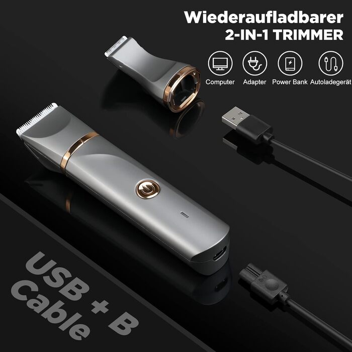 Електричний жіночий тример 2 в 1 Intimrasierer для бікіні та під пазухи, з керамічними лезами, водонепроникний (сірий, золотий)