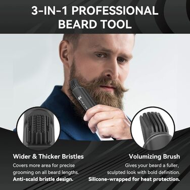 VIKICON 3-in-1 Beard Straightener Brush for Men - Professional Hair Comb & Volumizer with 4 Heat Settings (120-220°C) Iion Beard & Hair Straightening Brush for Home & Travel