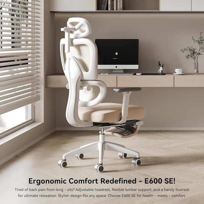 Ергономічне крісло Musso E600SE для офісу, з регулюванням поперекової підтримки, 3D підлокітники та підголівник, з підніжкою, для жінок, захист спини, бежевий