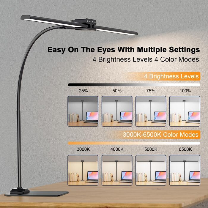 LED Desk Lamp with Adjustable Brightness, 1200 Lumens Dual Head Clamp-On for Home Office, Eye Protection Gooseneck Table Lamp, Monitor Light with 5 Color Temperature & Brightness Levels (Black Dual-Head Metal Base)